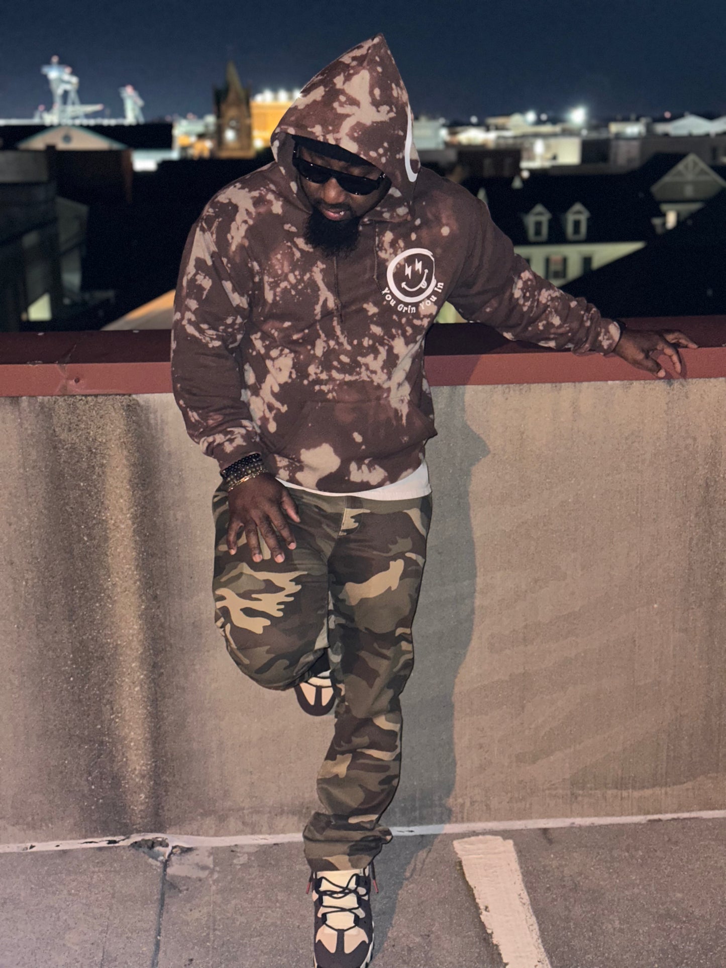 You Grin You In Bleached Tie Dye Logo Hoodie (Logo on Front and Back) XL-3XL
