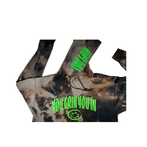 You Grin You In Bleached Tie Dye Logo Hoodie (Words Across Chest) S-L
