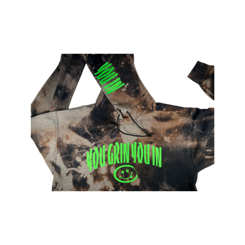 You Grin You In Bleached Tie Dye Logo Hoodie (Words Across Chest) S-L